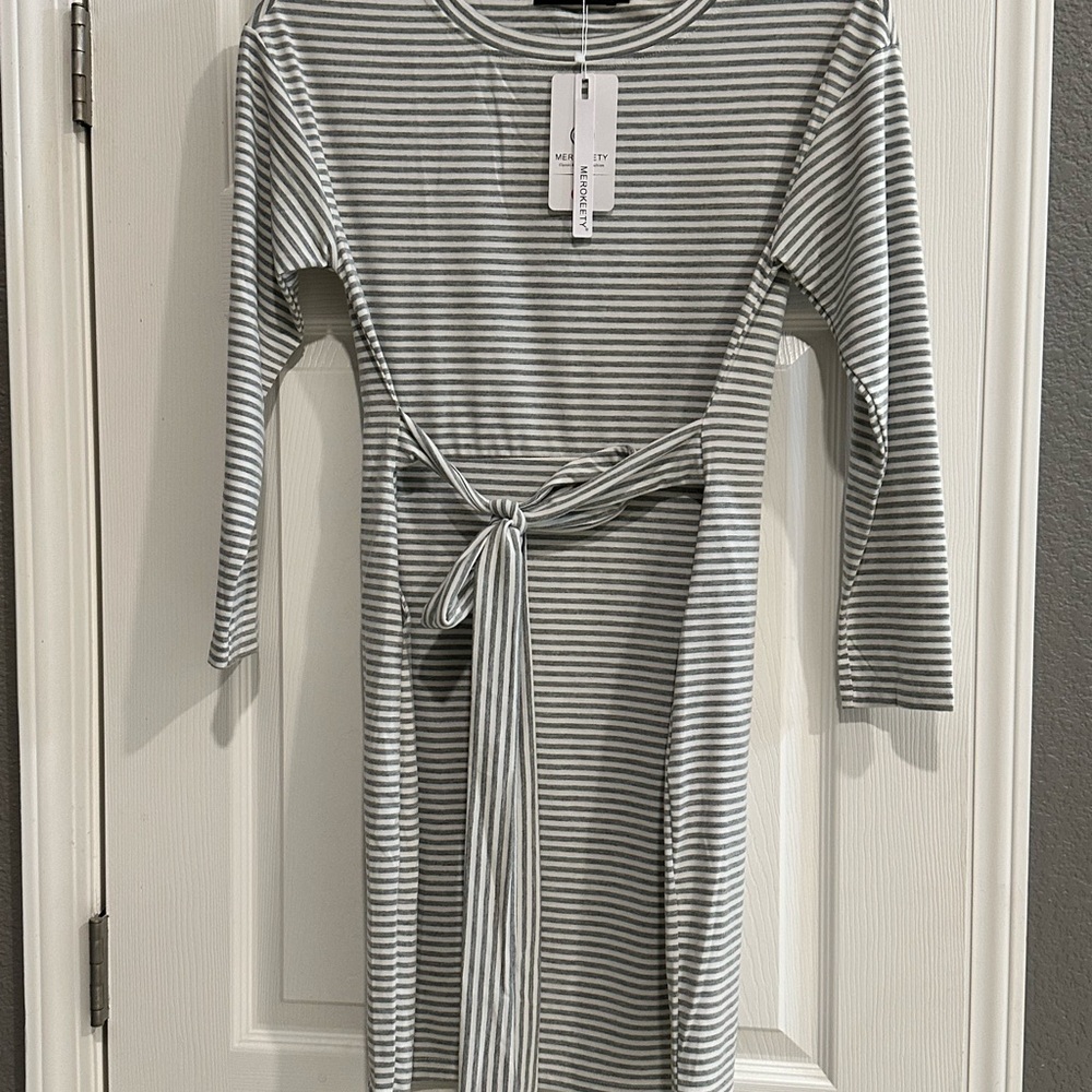 White and Gray Knee-Length Long Sleeve Sheath Dress for Casual Work